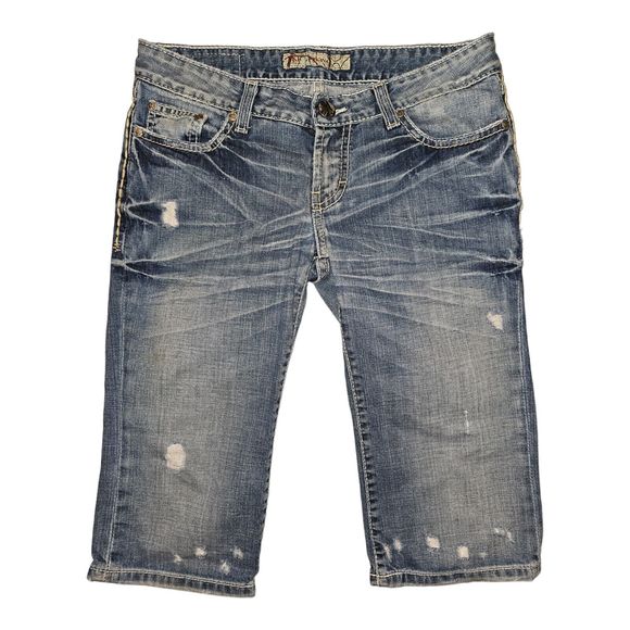 Buckle Pants - BKE Sabrina Shorts Women's 26 Bermuda Low Rise Blue Denim Embroidered Distressed